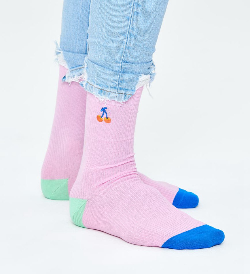 Chaussette Happy Socks Ribbed Embroidery Cherry | DKX-7005991