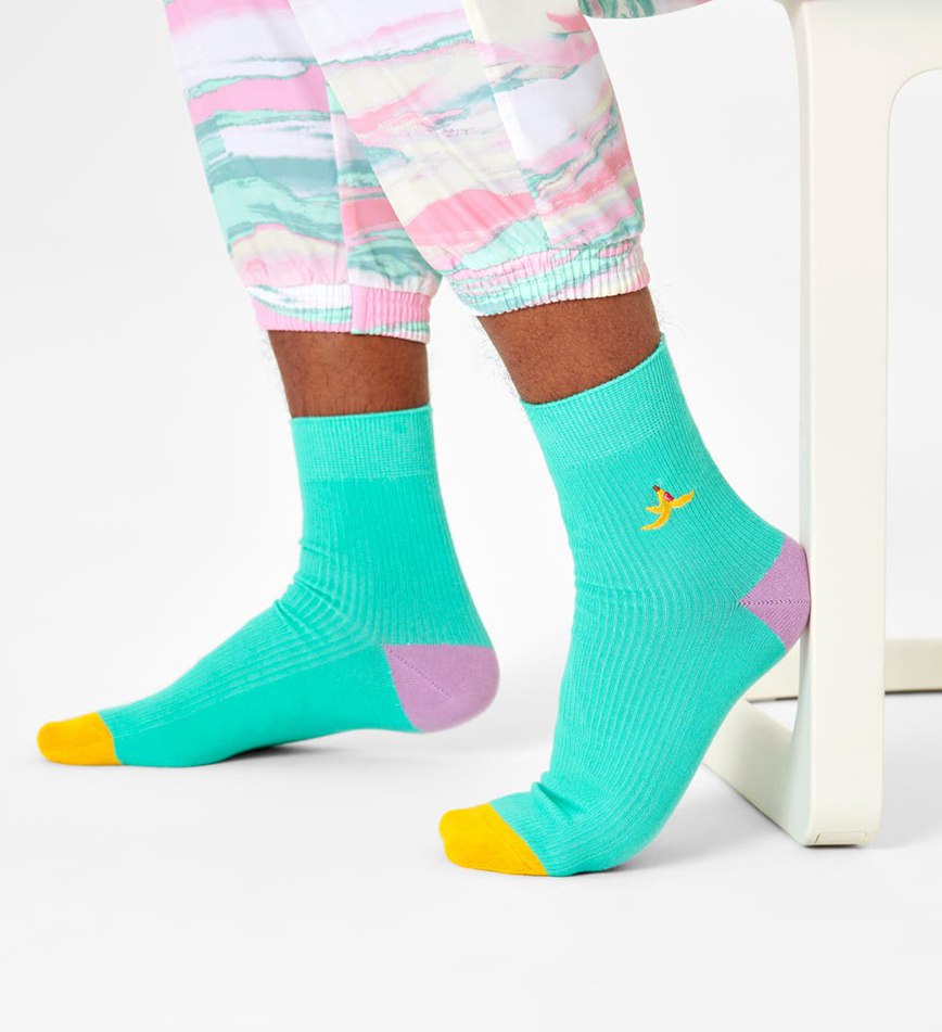 Chaussette Happy Socks Ribbed Embroidery Banana Break 1/2 Crew | LRM-2428771